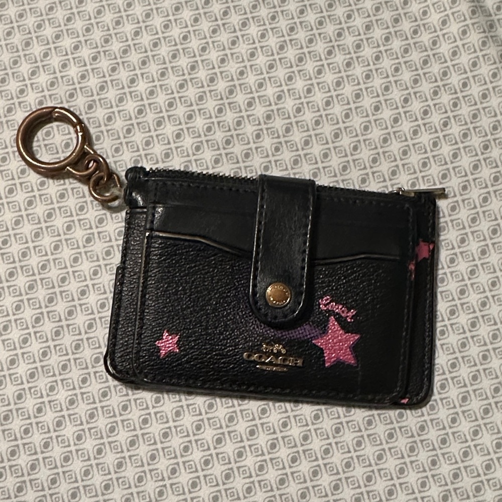 Coach Black Card Holder with Pink Star Design